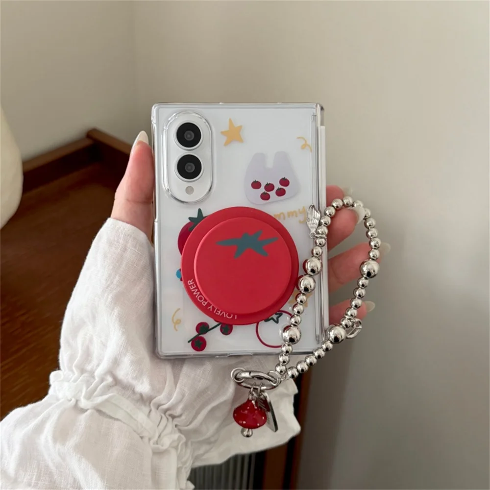 Cute Tomato Pattern With Socket Silver Strap Magnetic Phone Case For Samsung Galaxy Z Fold 8 Shockproof Folding Cover For Girls
