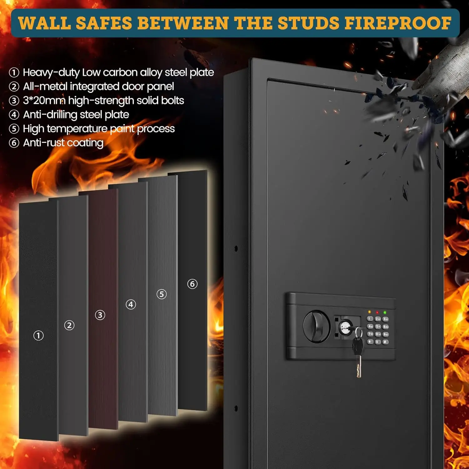 43.3'' Fireproof Wall Safe Between Studs, Digital Keypad & Removable Shelf for Home Security Storage