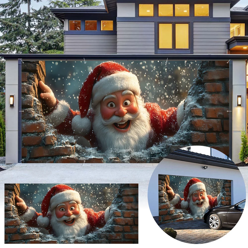 Vibrant Santa Claus Garage Door Banner Large Outdoor Christmas Decoration Perforated With Hooks Garage Wall Backdrop Patio Decor