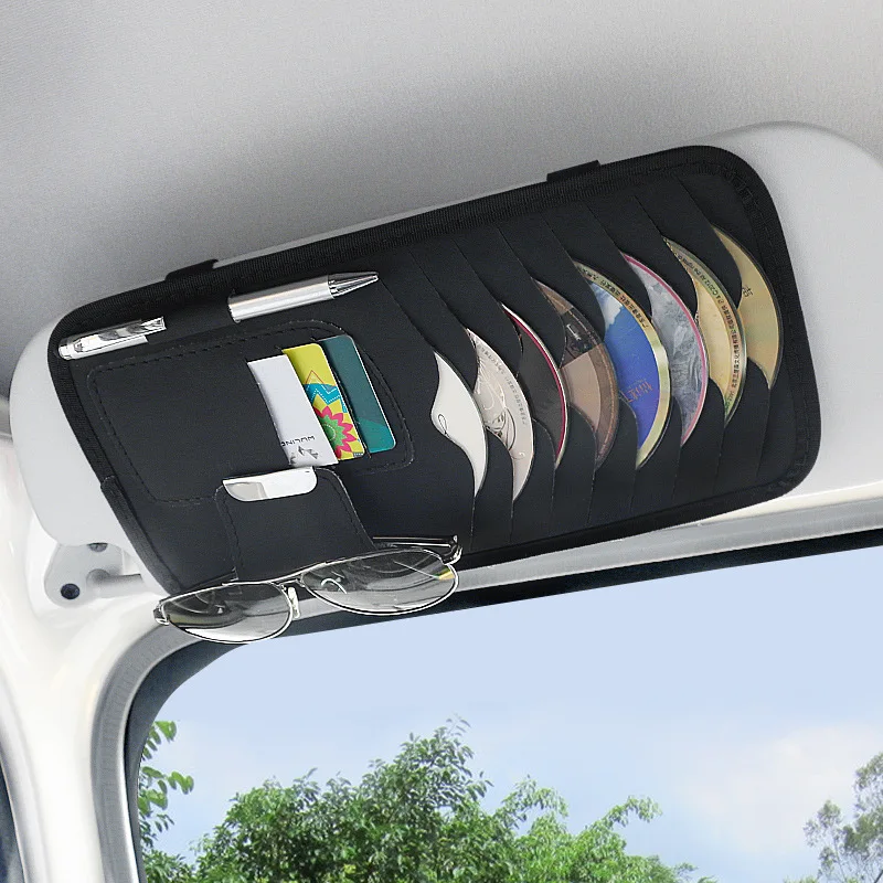 Car CD DVD Holder Bag Disc PU Leather Storage Case Sunglasses Organizer Sun Visor Sunshade Sleeve Wallet Clips