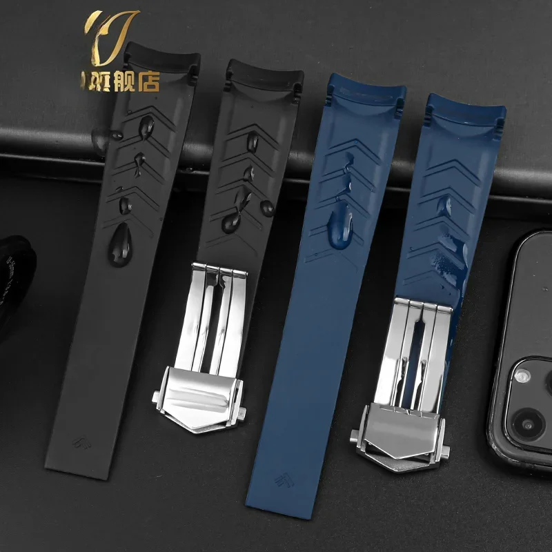 Silicone Watch Strap para Tag Heuer Concept F1, Strap Relógio Mergulho, 300 Rubber Arc Interface, Fold Buckle, Black and Blue Stripe, 22mm Tool