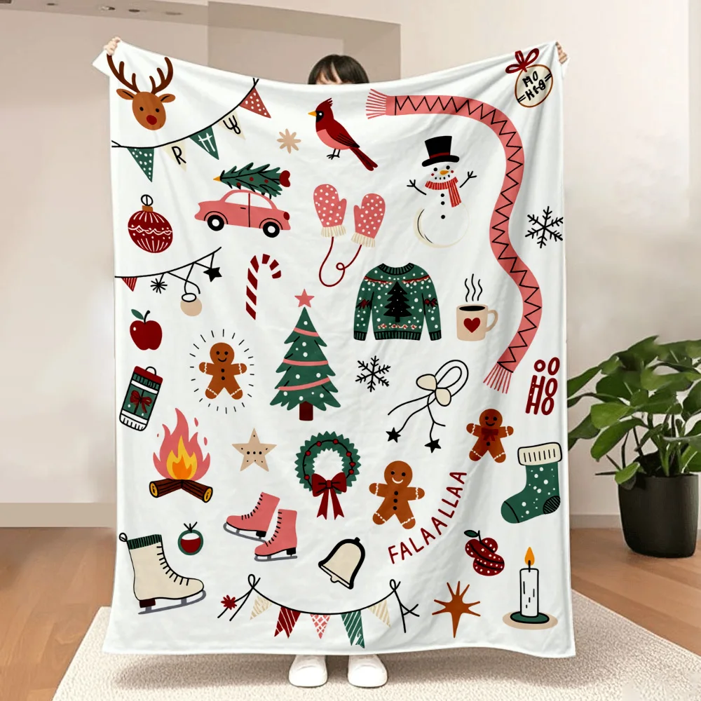 1PC Christmas Elements Pattern Blanket — Made of soft, fluffy flannel, perfect for a sofa, bed, or chaise longue. Ideal for Chri