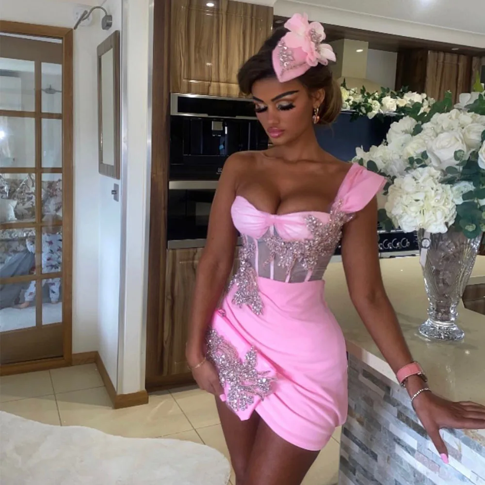 Customized Modern One Shoulder Cocktail Dress Modern Cocktail Gown Mini Short Party Gown Beading Prom Wedding dress
