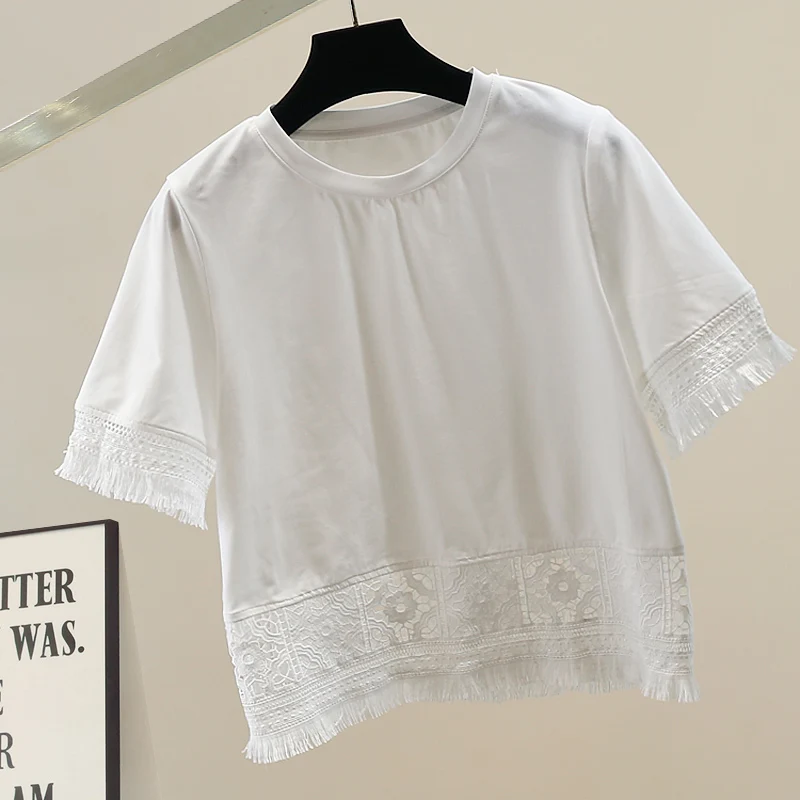 

Faionable Heavyweight Lace Patchwork Fringe ort Sve T-irt Women's Spring Summer Slim Fit ort round Ne Slightly E...