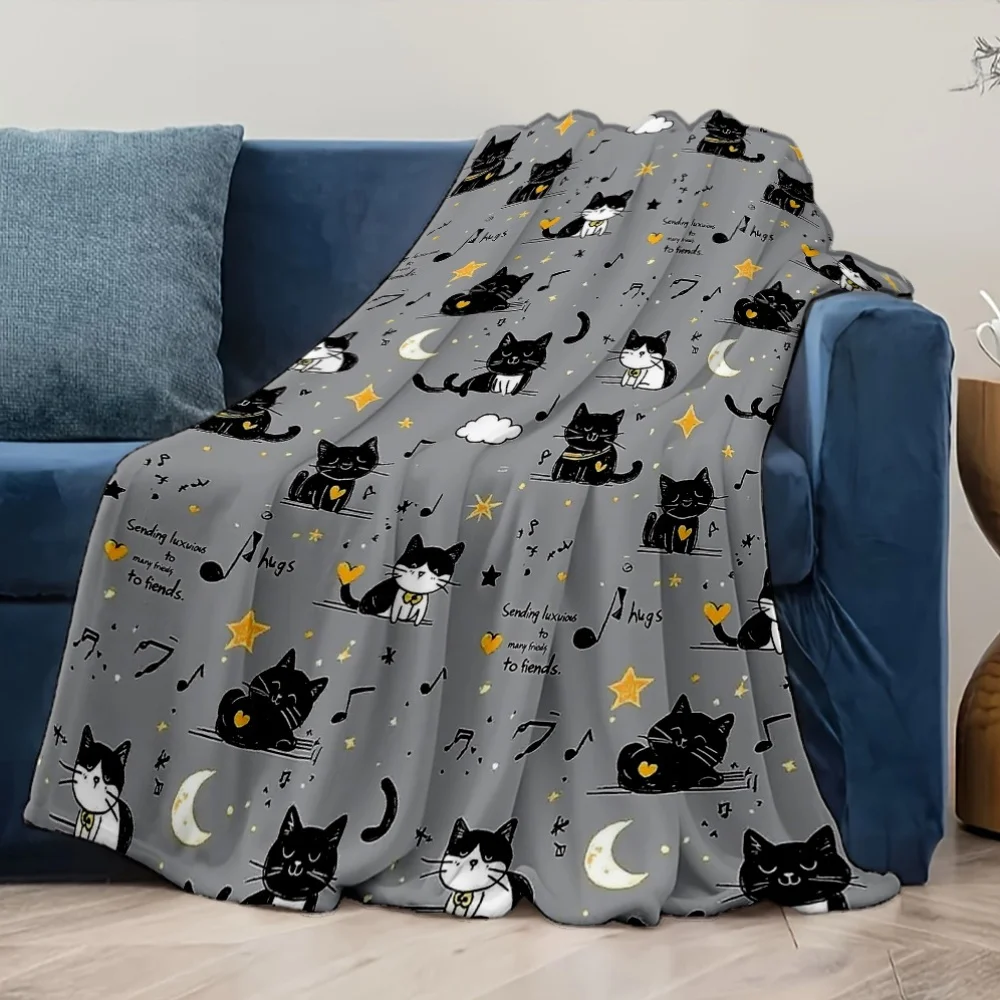 Musical Black-and-White Cat Motif Lightweight Flannel Blanket - Soft, Cozy, All-Season Throw for Sofa, Bed, Travel, and Office