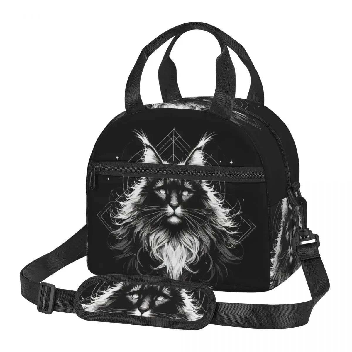 Monochromatic Outline Magical Maine Coon Cat Lunch Bags Insulated Bento Box Lunch Tote Picnic Bags Thermal Bag for Woman work