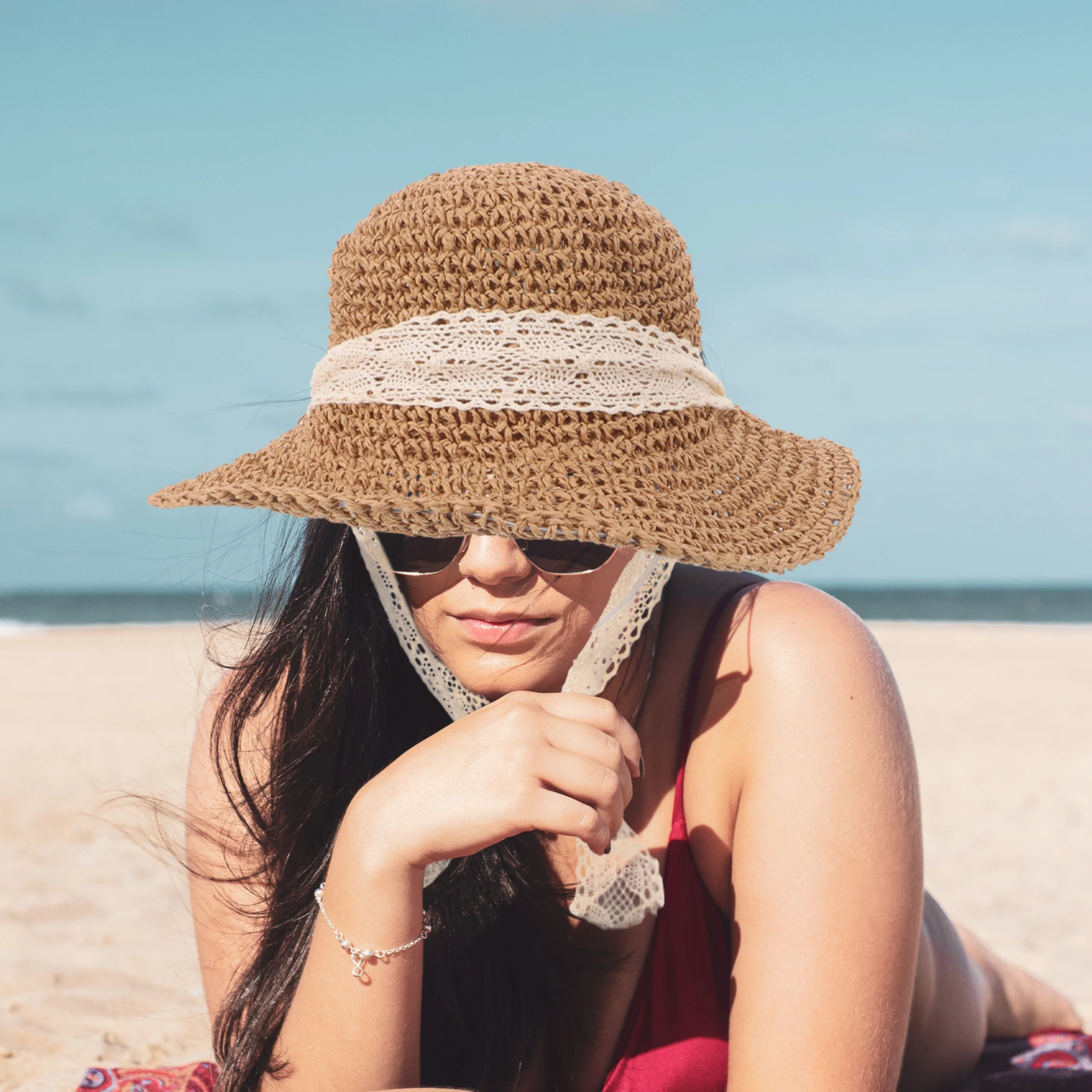 

Straw Hat Girl Sun Protection Wide Brim Bucket Beach Summer Children's Outdoor Travel Hat for Girls Fishing Hiking