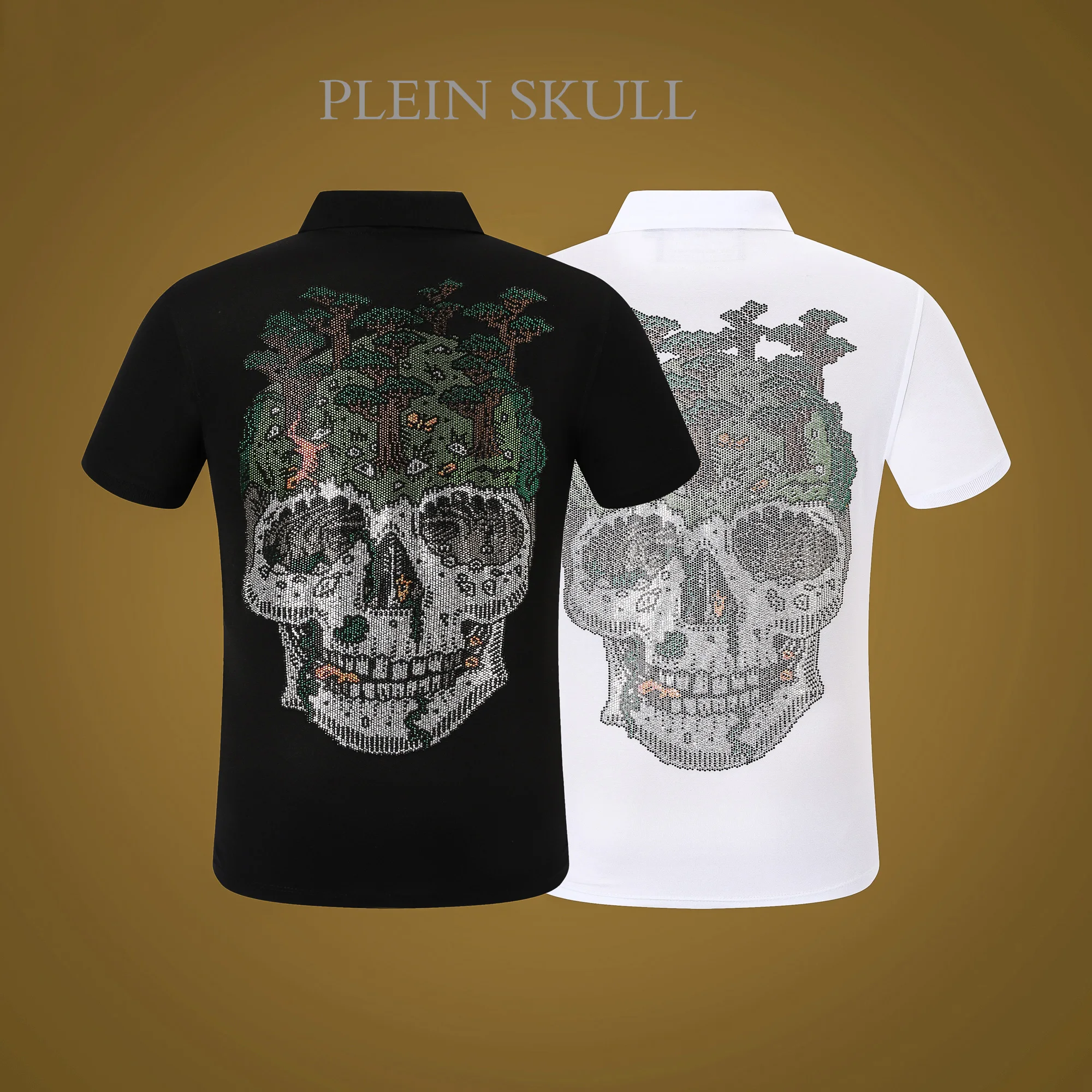 PLEIN SKULL 2025 Summer Trendy PP Skull Hot Diamond Men's Turn-down Collar T-shirt Unisex Breathable Street Sports Short Sleeve