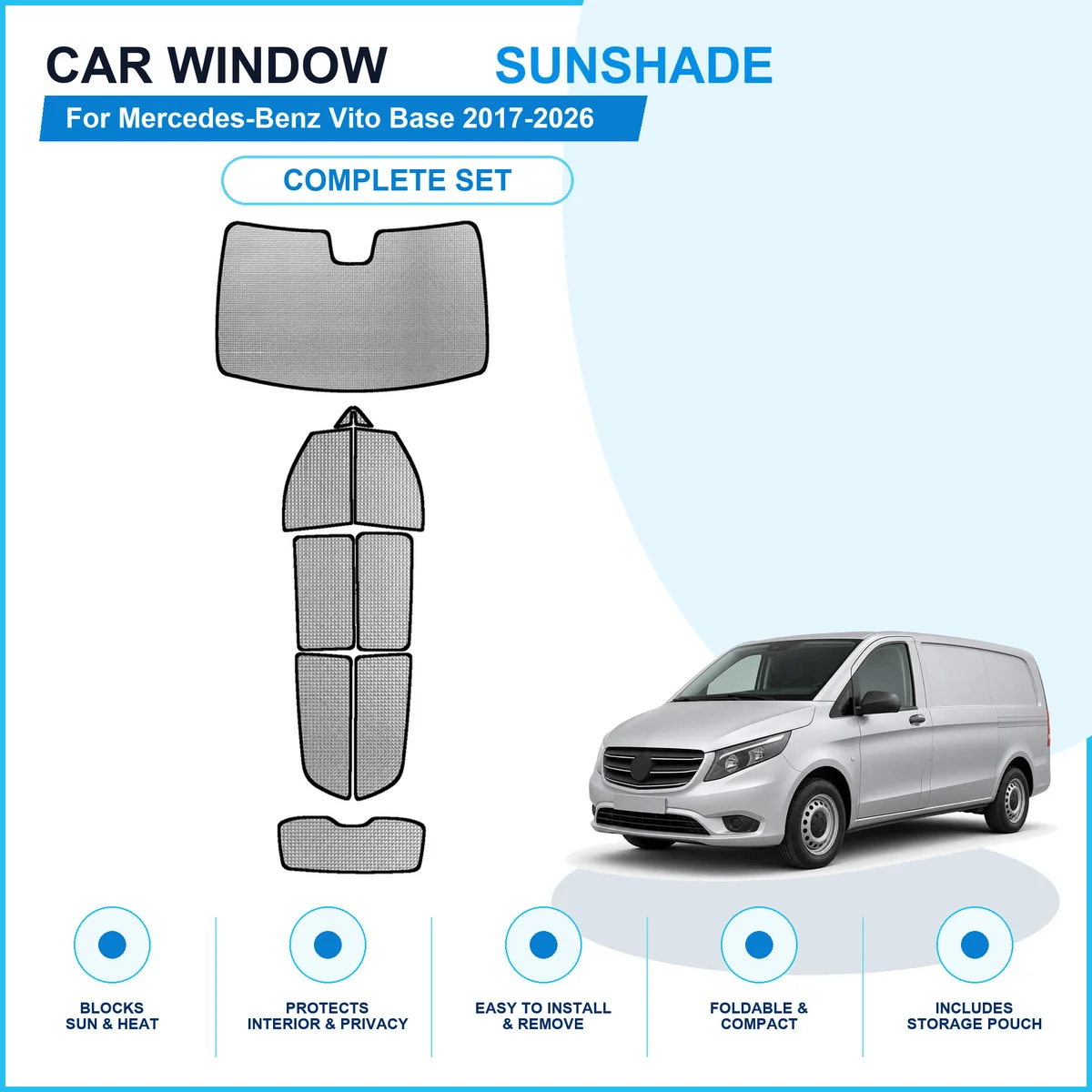For Mercedes-Benz Vito Base 2017-2026 Custom Full Set Window Sunshades Aluminum Foil Suction Cup Anti UV Privacy