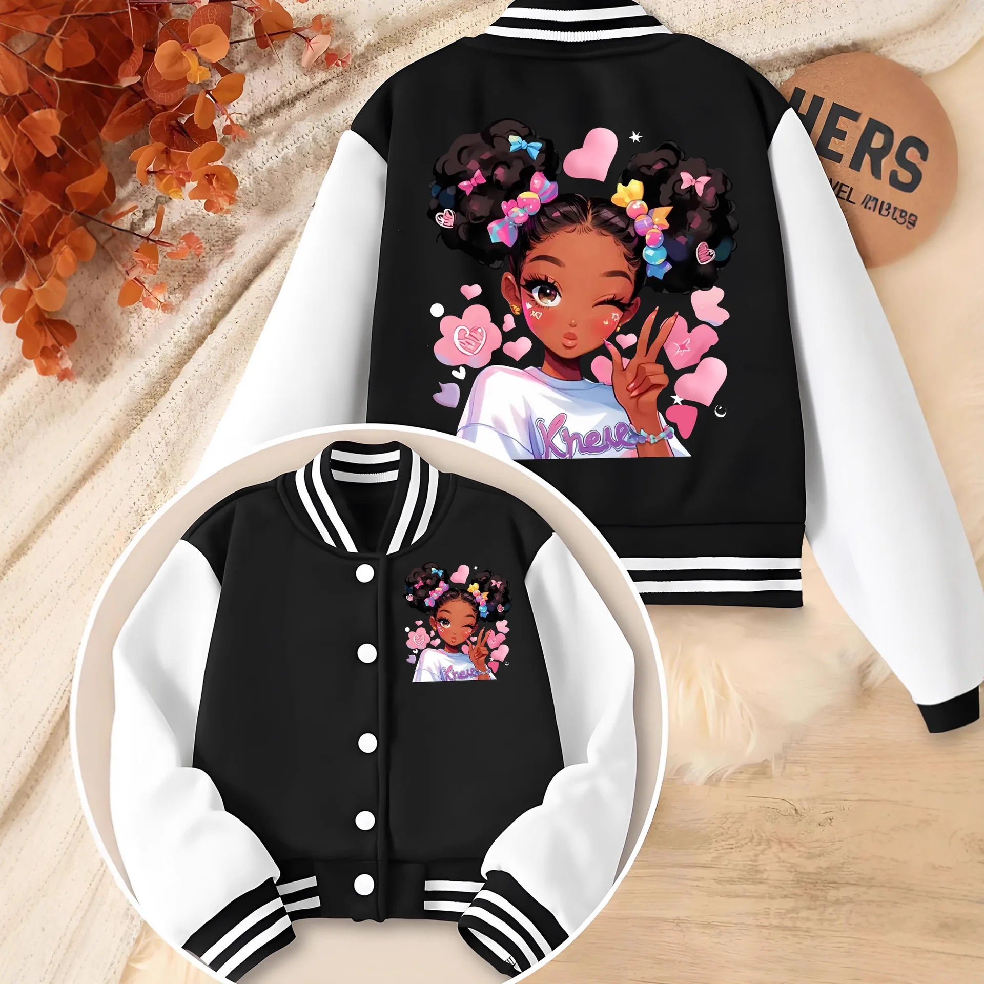 Children's Clothing Ins Girls' Jacket for the Back-To-School Season, 1-Piece Short Baseball Jacket in Black and White Contrasting Colors, Preppy Style Clothing Suitable for Ages 4 to 14
