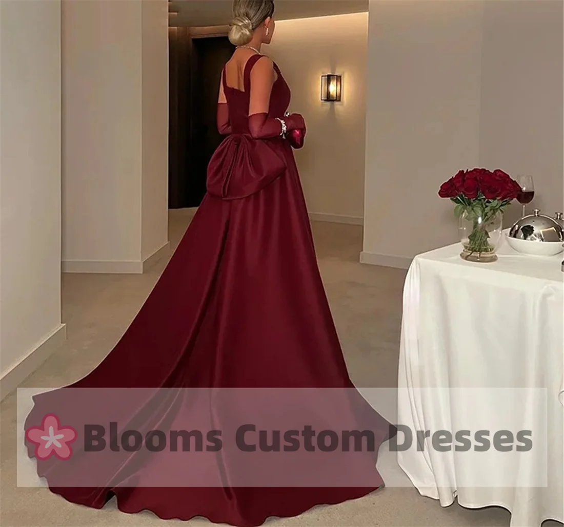 Blooms Elegant Burgundy Customized Prom Dress Square Neck Party Evening Gown Bow Floor Length Saudi Formal Occasion Dress