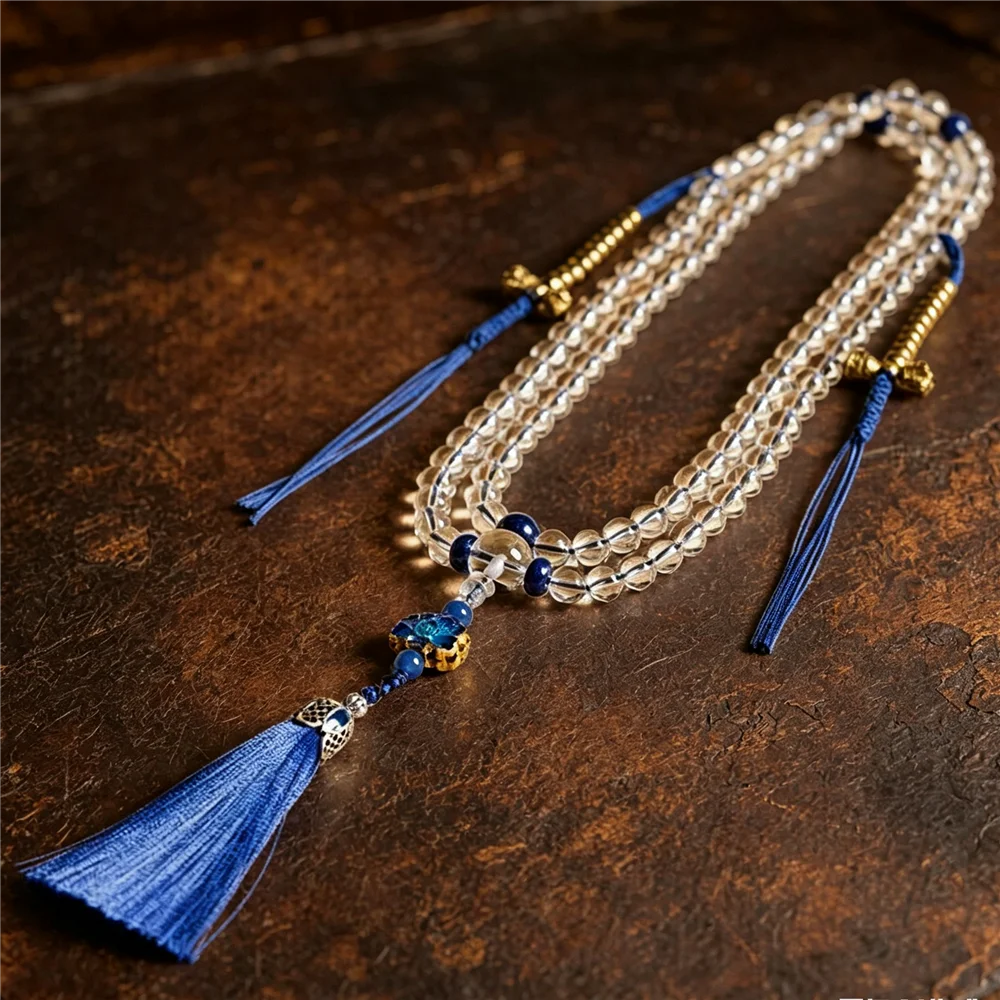 

Premium 108 Beads White Crystal Lapis Lazuli Mala Tibetan Prayer Beads Healing Necklace for Spirituality Meditation Jewelry