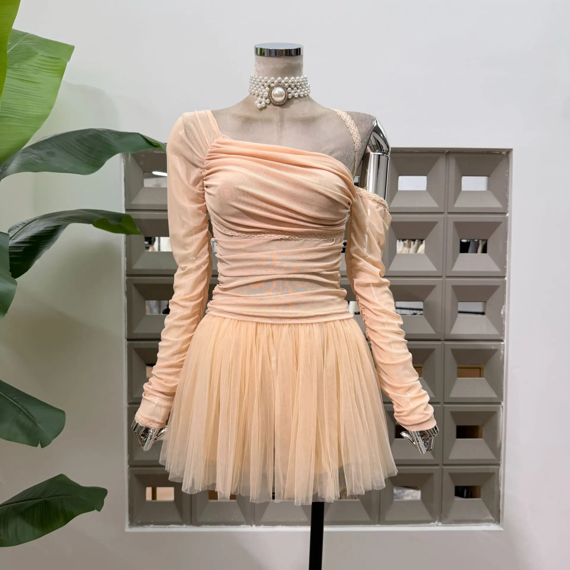 Elegant Women's 2 Pieces Sets Sexy One Shoulder Top Mini Mesh Skirt Party Outfit Luxury Stretch Backless Prom Cocktail Suits