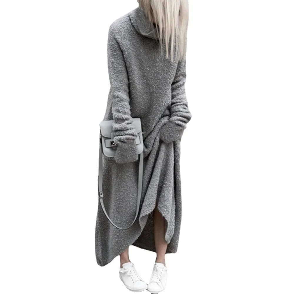Women\'s Furry Turtleneck Long Sleeve High Waist Dress, Warm Sweater, Large Size, Monochromatic
