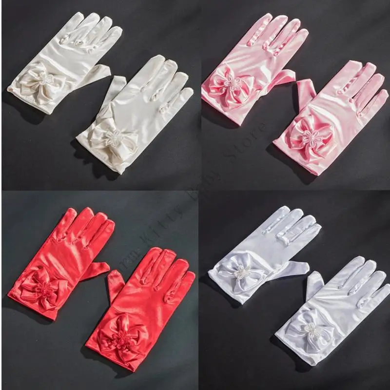 

1 Pair Elegant Children Evening Dress Matching Satins Gloves Wrist Length Solid Color Bowknot Girls Gloves For 4-12 Years Kids
