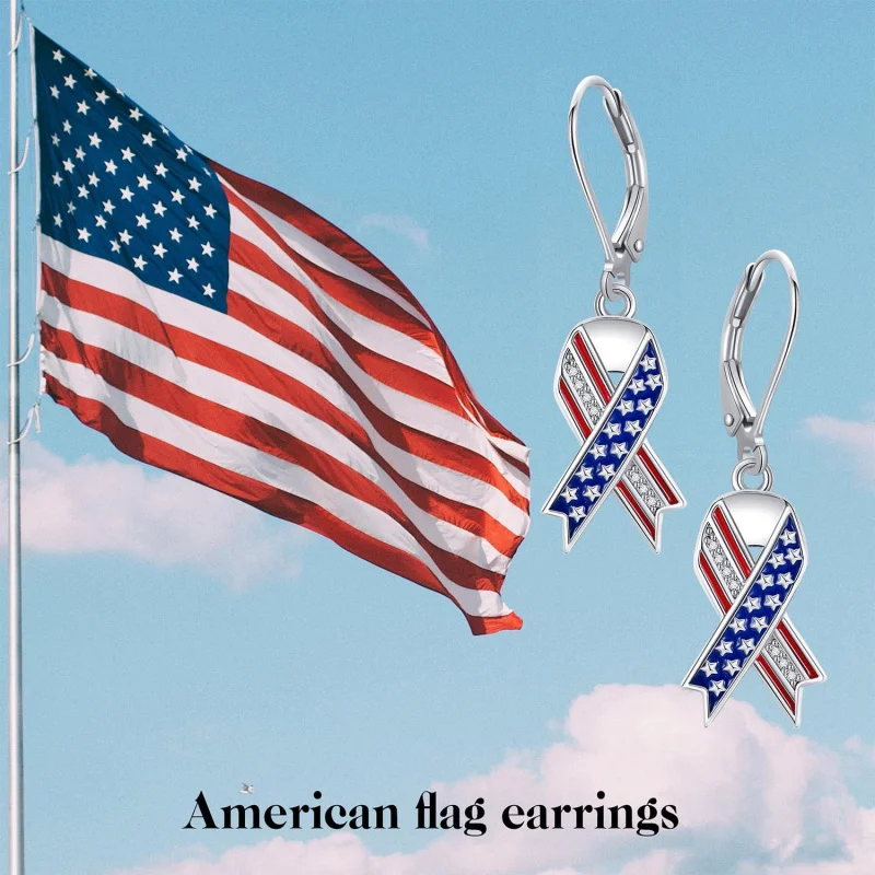 

American Flag Dangle Earrings, 925 Sterling Silver Patriotic Jewelry, Red White Blue Star Design, Gifts for Women,Hypoallergenic