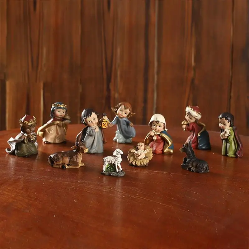 Cute Hand Painted Christmas Manger Nativity Set Jesus Birth Manger Scene Christmas Home Decor for Table Centerpieces