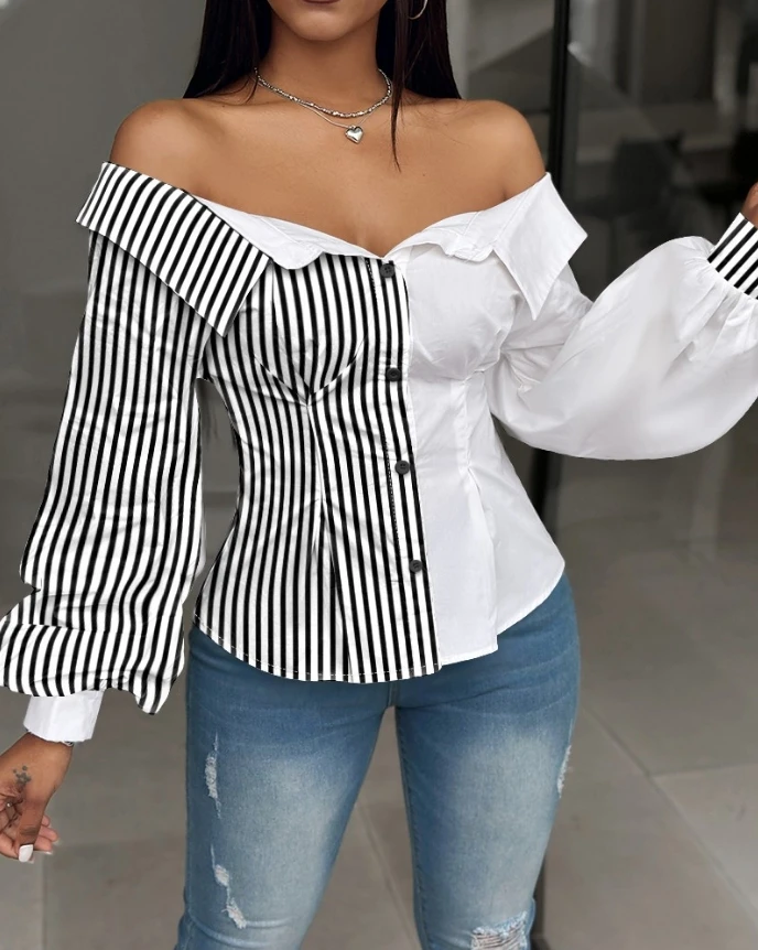 

Women's Shirts 2024 Spring Striped Colorblock Lantern Sleeve Top Sexy Elegant Off The Shoulder Slim Fitting Long Sleeved Blouse