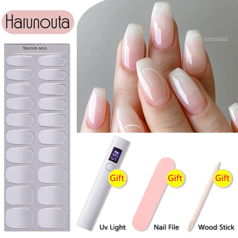 Harunouta 4Pcs/Set Semi Cured Gel Nail Strips with Nail Dryer Nail File Wooden Stick Milky Opal Sparkly Shinning LED Cured Wraps