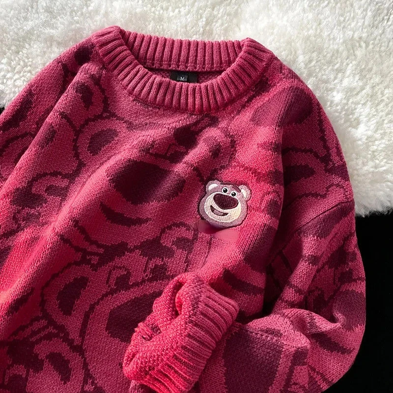 Spring Strawberry Bear Round Neck Wide Sweater Female Wine Red Sweater Autumn Winter Sweater Girl Clothes