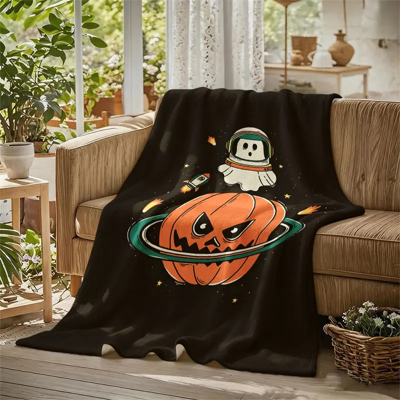 Space Pumpkin Ghost Flannel Blanket Warm Soft Halloween Christmas Decorative Couch Warm Cozy All-Season Gift