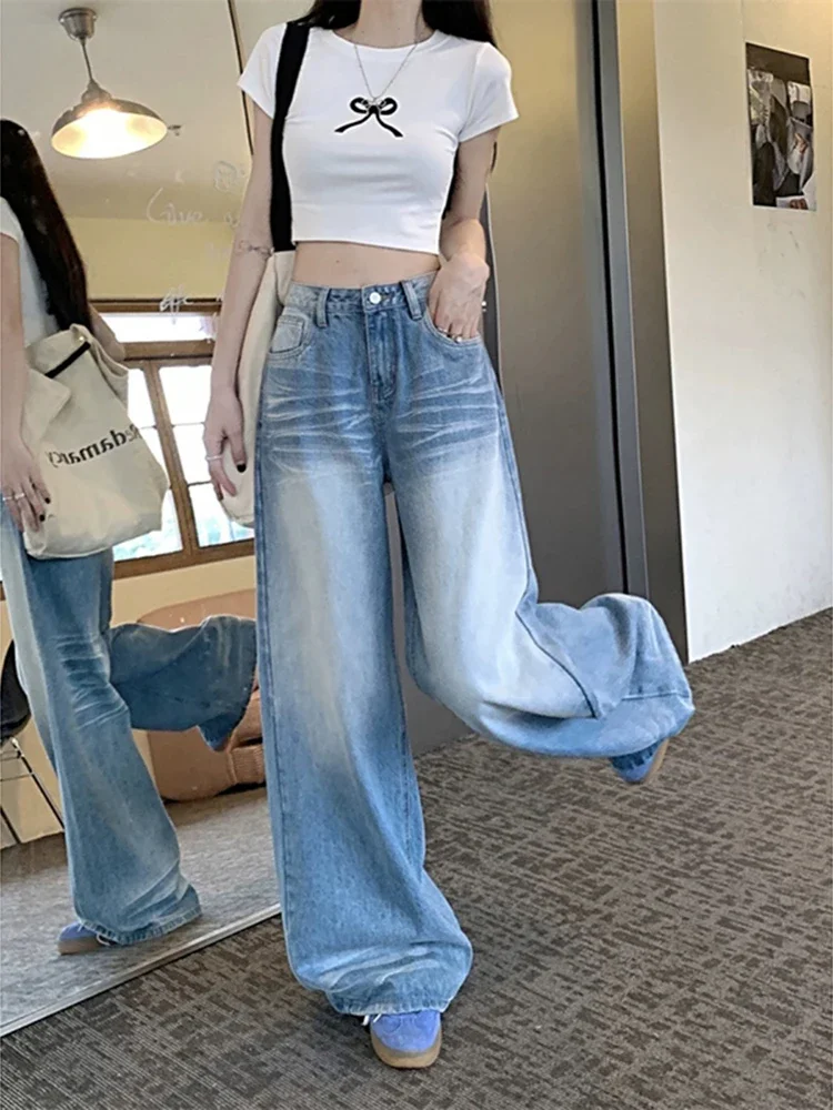 Sommer neue lose schlanke Frauen Jeans blau hohe Taille getragen lose Bein Hosen weibliche schicke Mode Straße lässig Frau Jeans