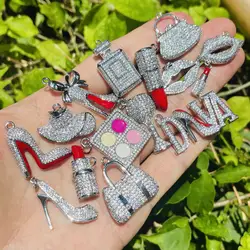 14Pcs/Lot Zirconia Pave Fashion Handbag Lipstick Hat High Heel Hat Charms Mix dla kobiet Bransoletka na zamówienie Tworzenie biżuterii