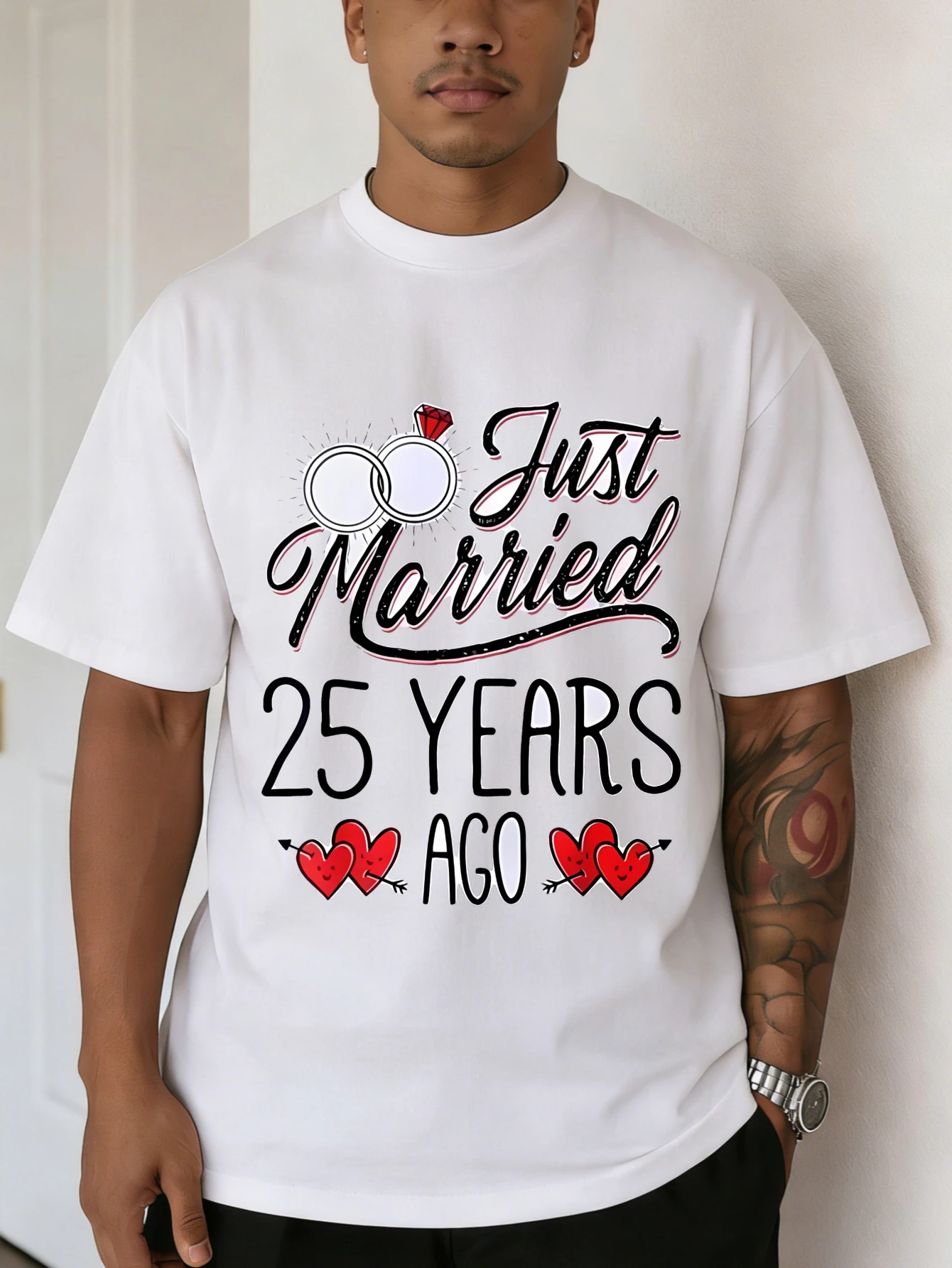 

Mens Cotton Printed T Shirt Just Married 25 Years Ago Short Sleeve Regular Fit Casual Summer Tee for Men Gift