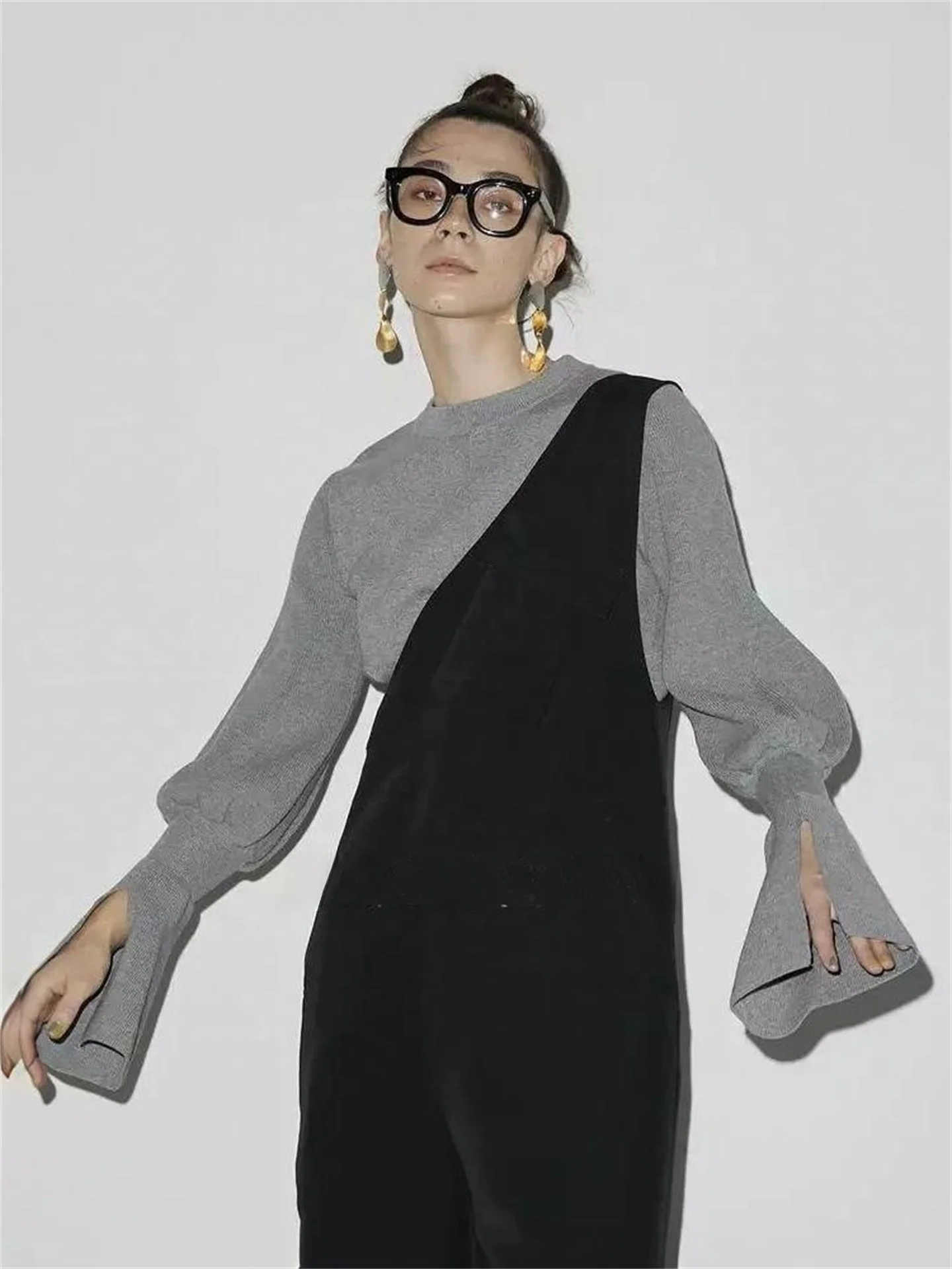 

Retro Sle Knitted Sweater Women's Long Sve round Ne Soft Fabric Bell Sve Lantern Sve Top Faionable Commute Wear