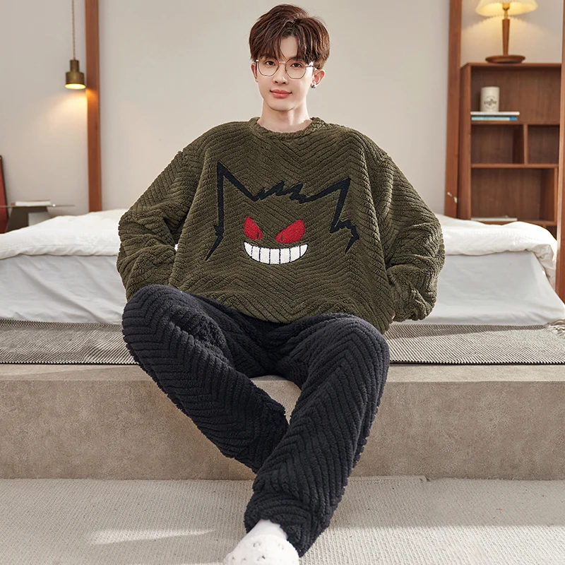 Adult Winter Anime Pajamas Set Men Plush Soft Thick Pyjamas Suit Sleepwear Korean Loose Homewear Cartoon Pyjamas Suit Male Warm