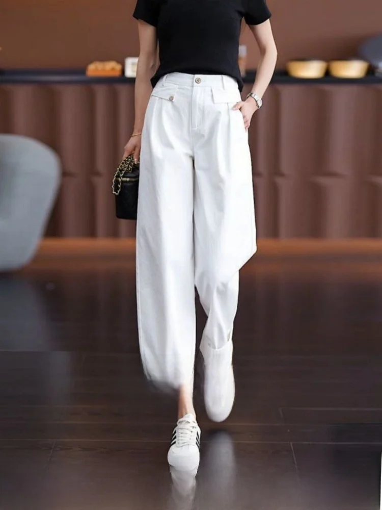 High Waist Straight Leg Casual Pants Women's Wide Leg Pants Cuffed Knife  Comfortable Fashionable Commute Style Pure Color