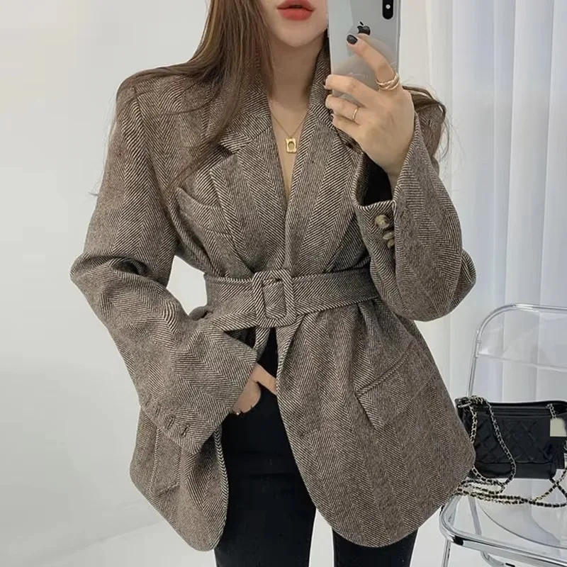 Insozkdg Korean Vintage High-end Lapel Women Jacket Autumn Winter Lace-up Waist Slimming Herringbone Woolen Coat Women Clothing