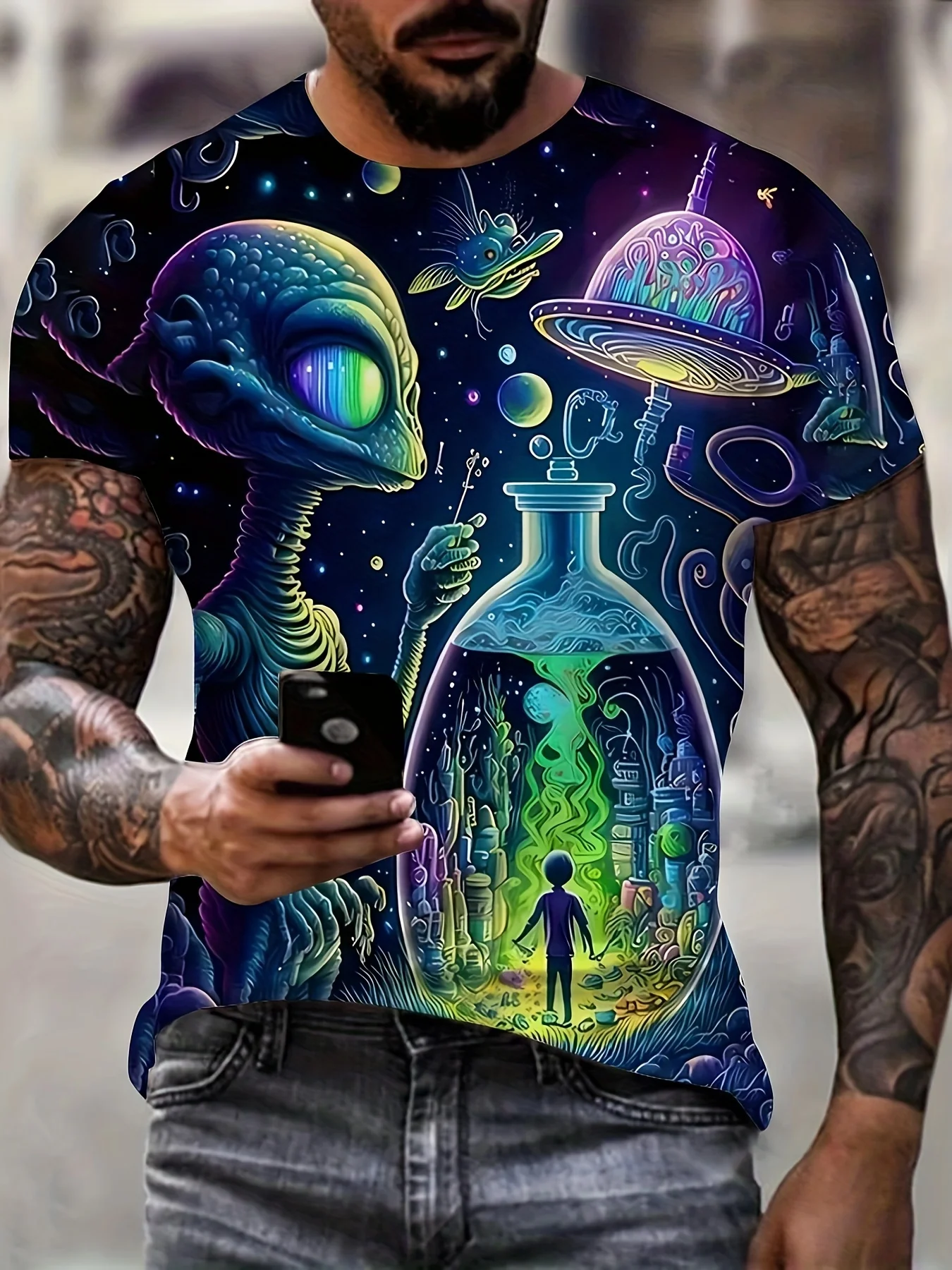 Mens Psychedelic Alien Graphic Tee, Colorful Space UFO Magic Potion Bottle Print Short Sleeve Casual T-Shirt