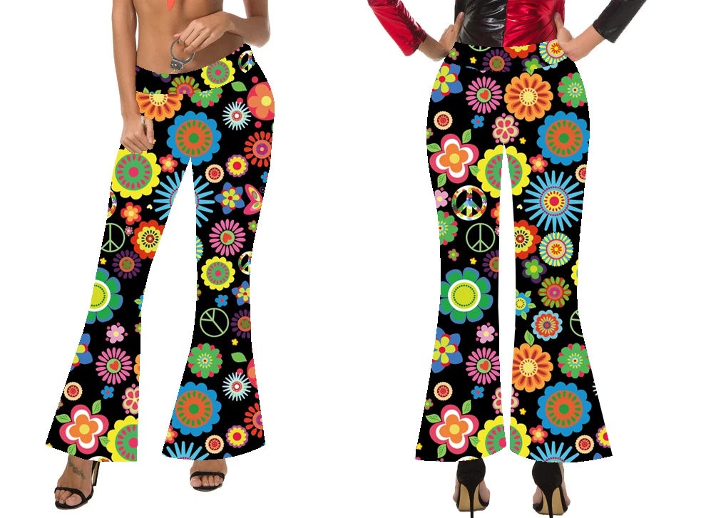 女性用ストライププリントパンツ,ハイウエストパンツ,ベルボトム,ヒッピークラブスタイル,1960〜1970