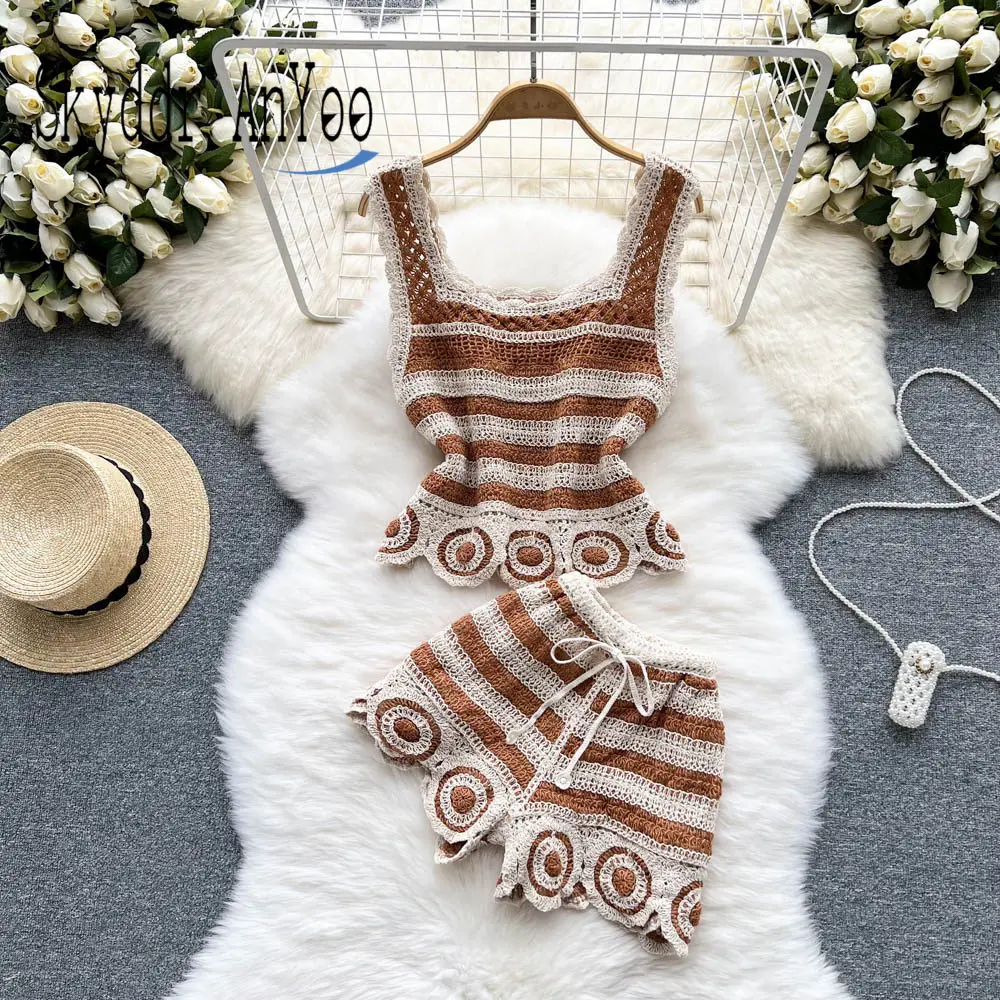 Dwuczęściowy zestaw damskich dwuczęściowych dzianinowych spodenek w stylu Vintage garnitur Casual Camisole topy i szorty 2-częściowy stroje