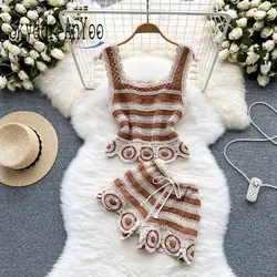 Dwuczęściowy zestaw damskich dwuczęściowych dzianinowych spodenek w stylu Vintage garnitur Casual Camisole topy i szorty 2-częściowy stroje świąteczne