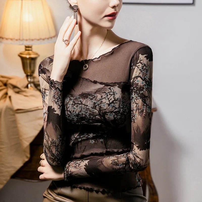 

Women Slash Collar T-shirts Retro Printed Mesh Splicing Bottoming Shirt 2025 New Women T shirts Long-sleeved Tops Tees