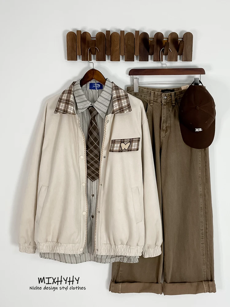 

MIXHYHY 2025 Spring Autumn American Retro Lapel Jaet Men's Trendy Versatile Casual Design Outerwear Loose Fit Youthful