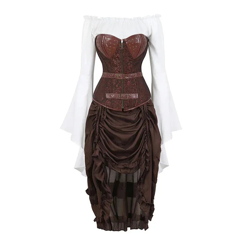 فستان مشد Steampunk للنساء مشد من الجلد الصناعي القوطي مع تنورة بلوزة من القرون الوسطى بالإضافة إلى حجم فستان زي القراصنة البني
