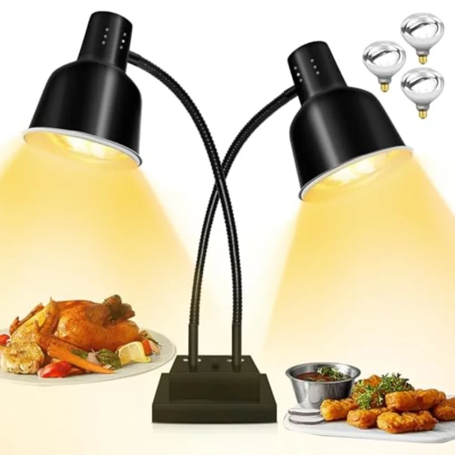 

Commercial food warming lamp for kitchen, restaurant, cafeteria: stainless steel, silver, 250W dual-head heat lamp with adjusta