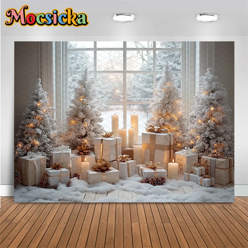 Mocsicka Christmas Tree Background For Photography Window Pine Winter White Snow Kids Photo Backdrop Decoration Studio Photocall