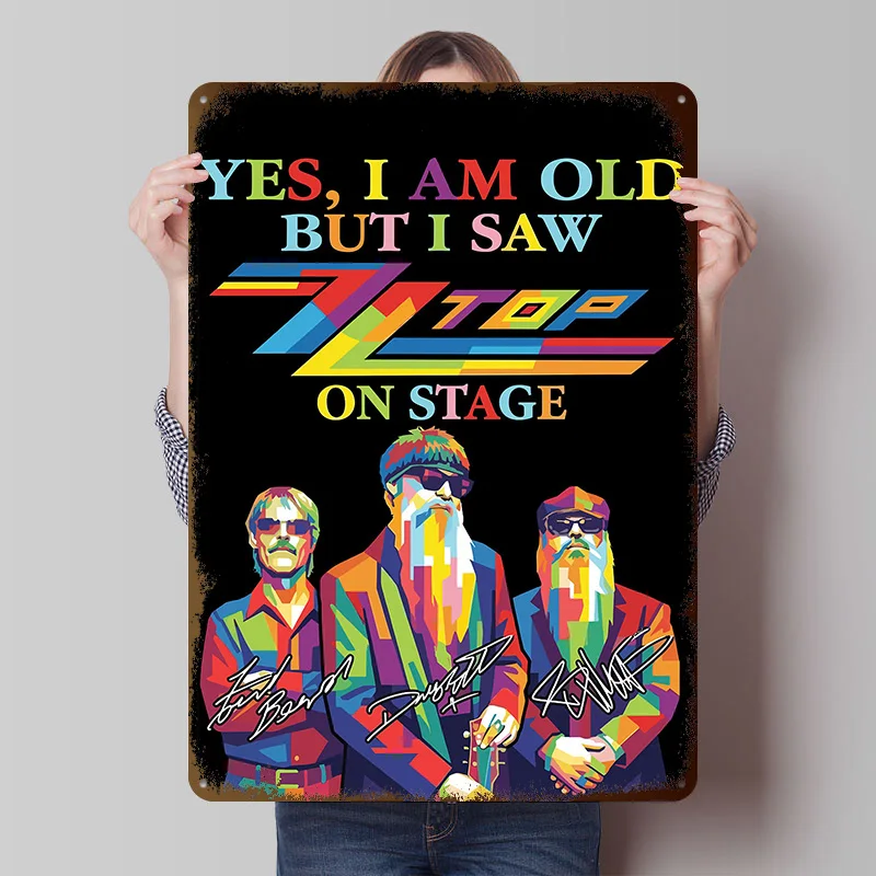 ZZ Top On Stage Colorful Art Tinplate Poster Customized Wall Art Vintage Metal Signs Retro Plates for Bathroom Decor Room House
