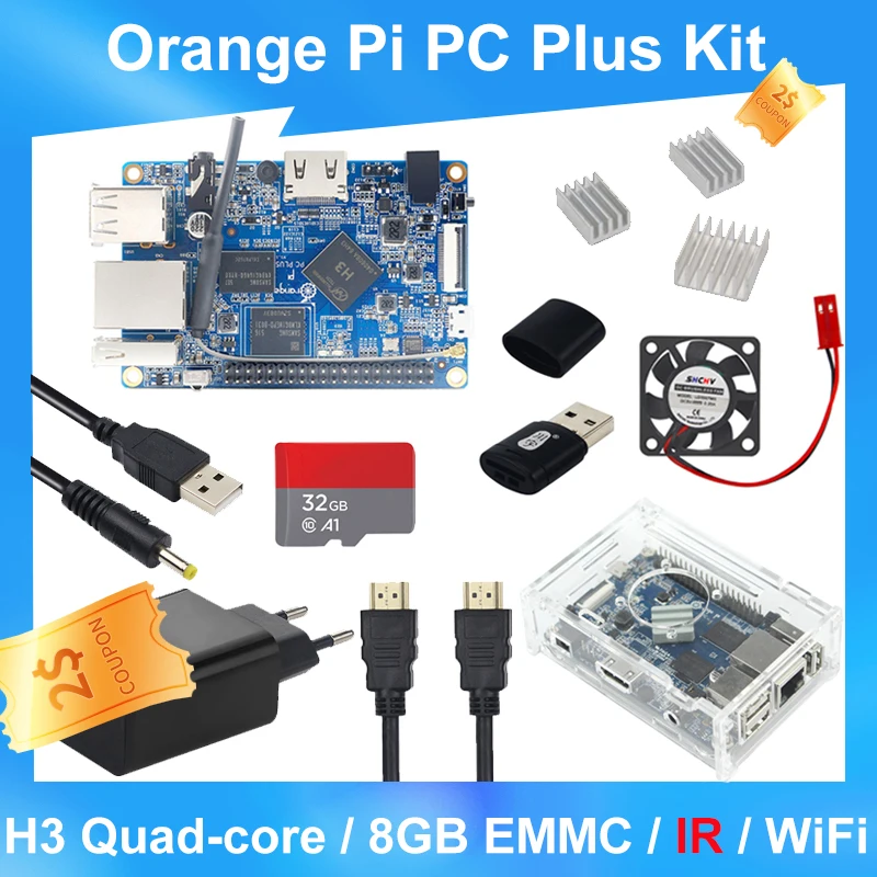 

Orange Pi PC Plus 8GB Emmc Flash 1GB RAM 100M Ethernet Wifi GPIO CSI Camera IR MIC Optional Acrylic Case for Ubuntu Debian OS