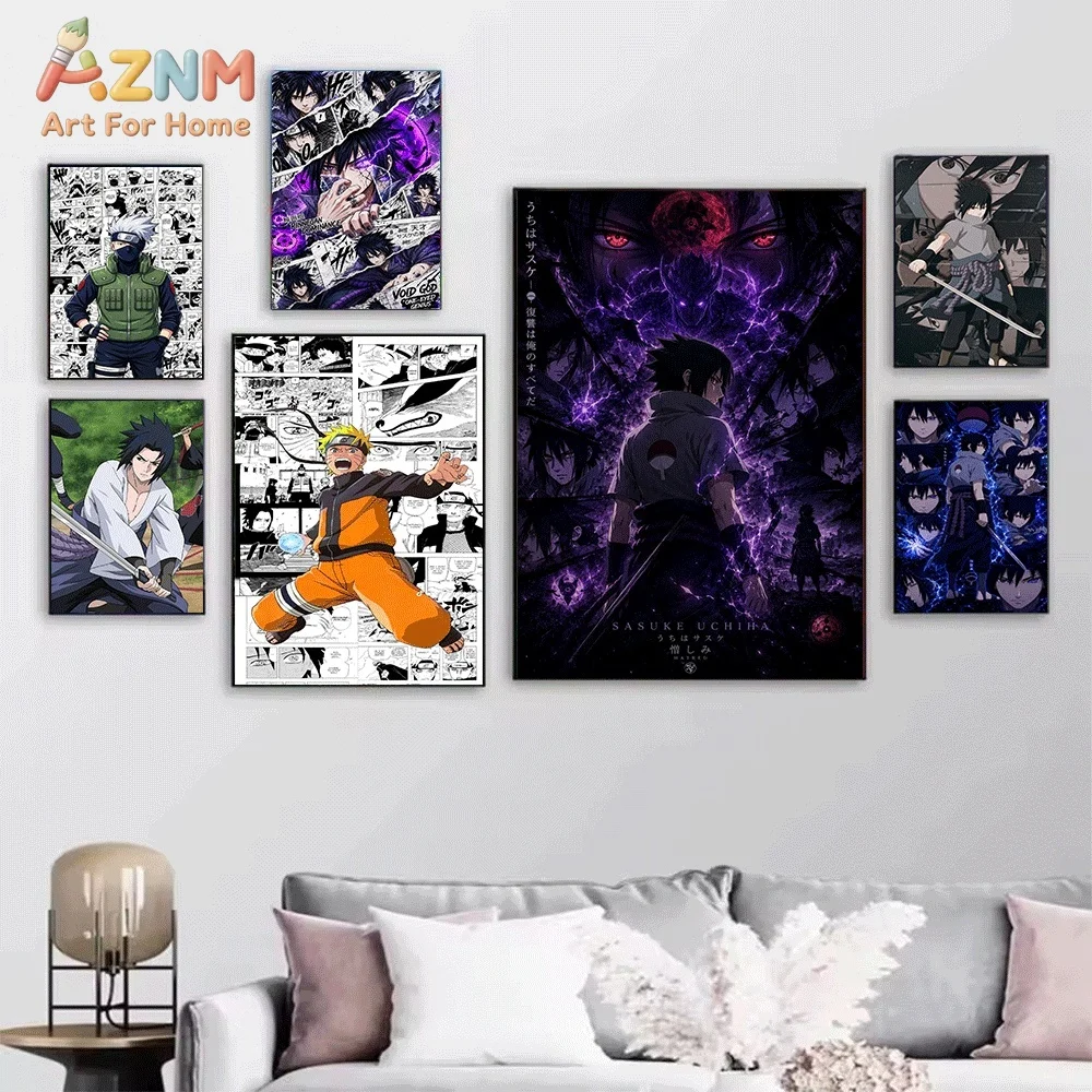 Sasuke Uchiha Akatsuki Cloak Manga Collage Anime Canvas Wall Art Print Poster Unframed Canvas Painting Home Bedroom Wall Decor