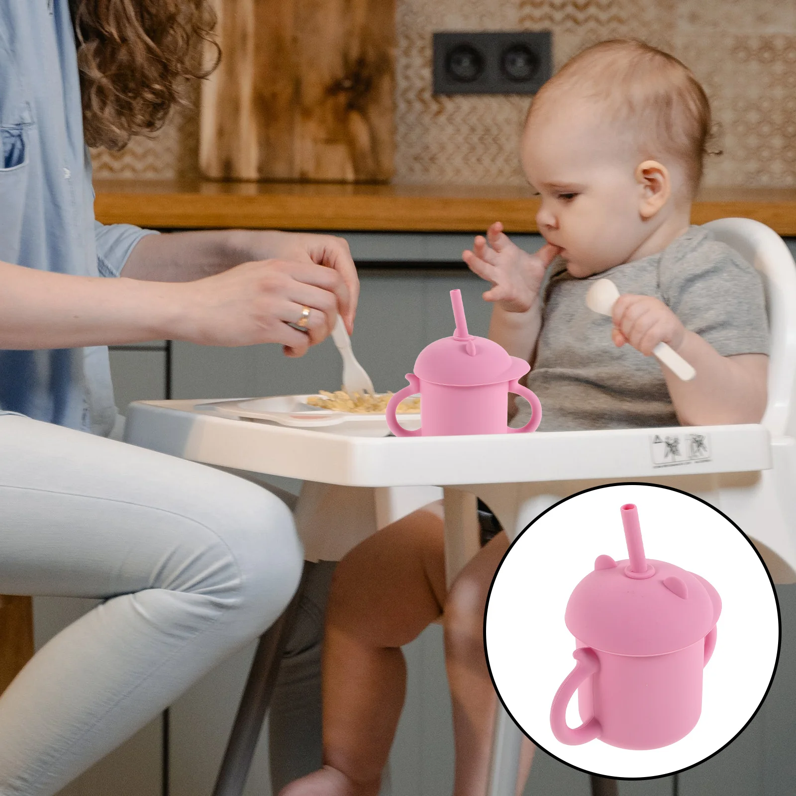 

Silicone Training Straw Cup Toddler Cup with Handles Lid No Spill Unbreakable Baby Feeding Travel Tumbler Mason Jar with Straw