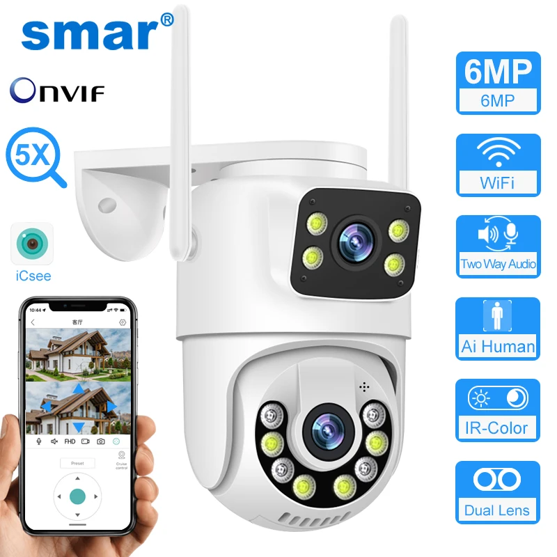

Smar 6MP PTZ WiFi IP Camera Dual Lens With Dual Screen Two-way Audio Auto Tracking Security Outdoor CCTV Vedio Surveillance ICSe