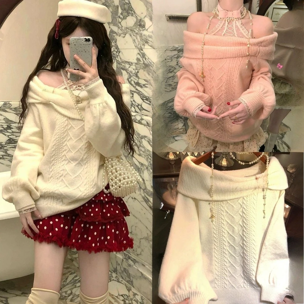 Women Japanese Sweet Off Shoulder Long Sleeve Knit Sweater Soft Fabric Vintage Daily Casual Fashion Pullover Jumper