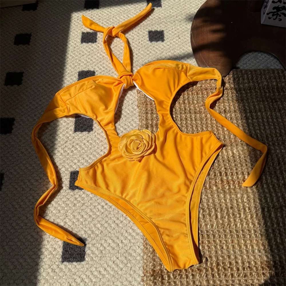 

Сексуальное открытое бикини с 3D цветочным принтом, купальник с лямкой на шее, бандажный купальник с открытой спиной, монокини, женские цельные бикини, пляжные купальные костюмы