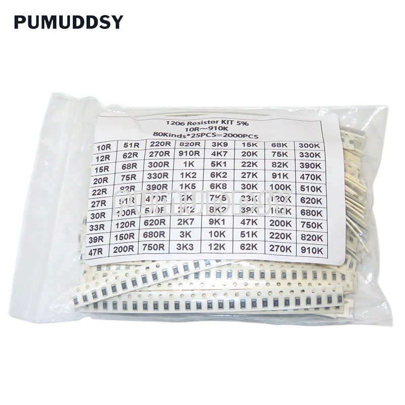 2000PCS 10 Ohm-910K Ohm 1206 SMD Resistor Kit Assorted Set 5% 80values*25PCS SMD Resistors 10K 470/100/680 Ohm Resistance Pack