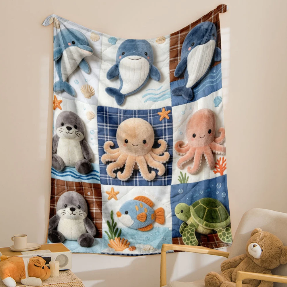 1pc Simulated Marine Animal Grid Print Throw Blanket warm living room workstation patio window nook Blanket Birthday presents